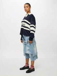 SUMWON WOMEN 超大号大学运动服长袖 Polo 橄榄球上衣，带有运动白色条纹印花和经典撞色领子，秋冬街头时尚必备单品 - 藏蓝色 - 查看 3