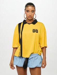 SUMWON WOMEN Boxy Varsity Style Collared Polo Top With Diagonal Stripe Detail And Number Print Half Sleeve Drop Shoulder Casual Preppy Oversize Tshirt - Yellow - View 3