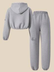 SHEIN Explorewe 2pcs Tween Girls Casual Button Hoodie Jacket & Pants Set Fall Winter - Multicolor - View 3
