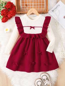 Elladie kids 1 件女童毛衣裙，甜美公主风格，红白色块罗纹纹理，蝴蝶结装饰，荷叶边下摆，罗纹针织，圆领长袖，欧式设计连衣裙，常规厚度，适合生日派对，秋冬
