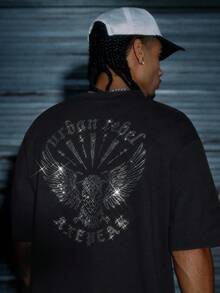 AXEPEAK 男式宽松老鹰印花水钻短袖T恤 - 黑色 - 查看 2