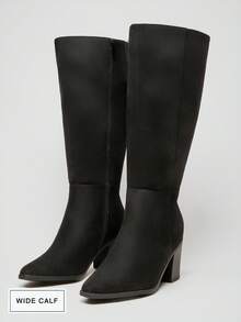 SHUZIA 女士 3 英寸粗跟黑色绒面过膝靴——时尚舒适，适合小腿较粗的女性，是圣诞节和情人节打造自信优雅造型的必备奢华单品。 - 黑色 - 查看 7