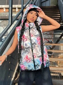 Coolane 女士冬季/秋季街头服饰外出 Y2K 温暖舒适比赛日朋克涂鸦印花背心加厚外套、羽绒背心 - 彩色 - 查看 1