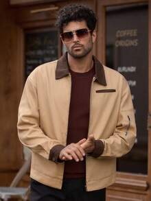 HIMLAND Men's Long Sleeve Casual Woven Patchwork Turndown Collar Loose Drop Shoulder Earthy Jacket Light Brown