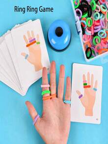 SHEIN 1 Set Early Educational Thinking Training Puzzle Toy For Teenager Fingers Ring Battle Game With Elastic Bands And Bell Interactive Desktop Games Color Recognition Cards (30 Cards, 1 Bell, 50 Elastic Rings),Card Set,Bell For Games,Smart Games