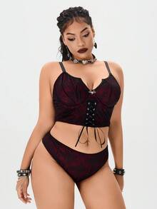 ROMWE Goth Plus Size Gothic Spider Web Underwire Bra & Panty Sexy Lingerie Set