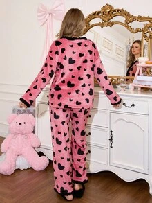 SHEIN Women's Sweet Ins Contrast Color Heart Pocket Button Comfortable Flannel Pajama Set Heart Cozy Pajama Set, Fall/Winter Clothes, Fluffy - Dusty Pink - View 2
