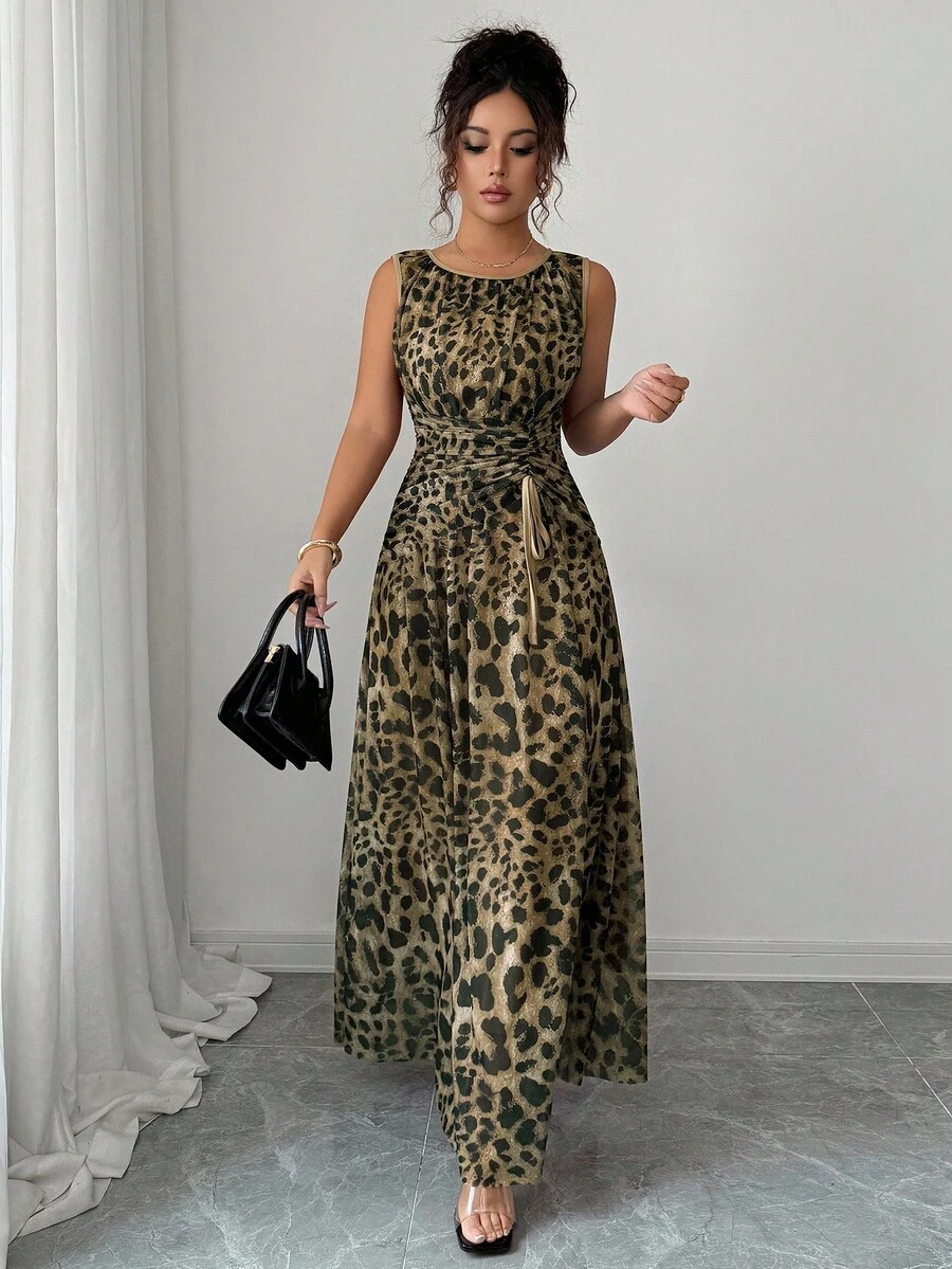 Rafferiza 女式优雅豹纹网眼圆领褶饰腰部抽绳 A 字形无袖长裙 - 卡其色 - 查看 1