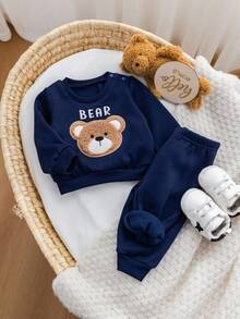 SHEIN 新生女婴可爱卡通图案长袖上衣套装，秋冬 - 藏蓝色 - 查看 4