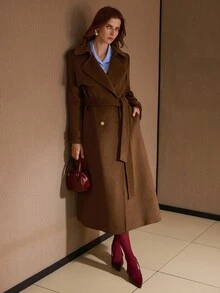 PREMIUM 纯色羊毛翻领双排扣系腰带大衣 - 棕色 - 查看 6