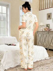 CottageSlumber 女士花卉印花睡衣套装，撞色饰边口袋设计，女士花卉睡衣，花卉睡衣套装，女士睡衣套装，夏季女士睡衣套装，复古睡衣套装 - 黃色 - 查看 2