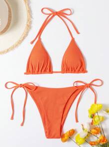 Swim Basics Summer Beach Mono Bikini Set, Halter Triangle Top & Tie Side Bottom 2 Pieces Bikini, Bathing Suit - Orange - View 3