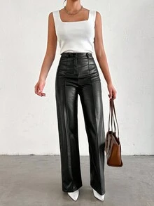 EURMUSE Women's Straight Leg Pvc Leather Pants - Black - View 5