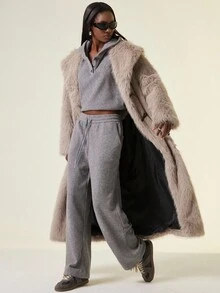 Aveloria GENKIRA Light Milk Tea Color Fashionable Luxurious Metallic Leather Buckle Decor Open Front Oversized Collar Punk Chic Women Long Faux Fur Coat - Grey - View 6