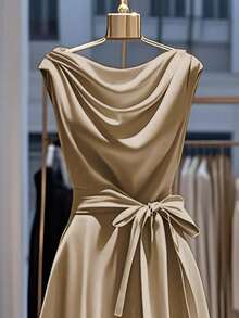 Franclia Women's Elegant Solid Color Waist Cinched Dress - Khaki - View 3