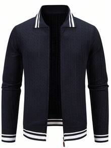 Manfinity Homme Men's Striped Long Sleeve Zip-Up Casual Knit Cardigan, Autumn - Navy Blue - View 1
