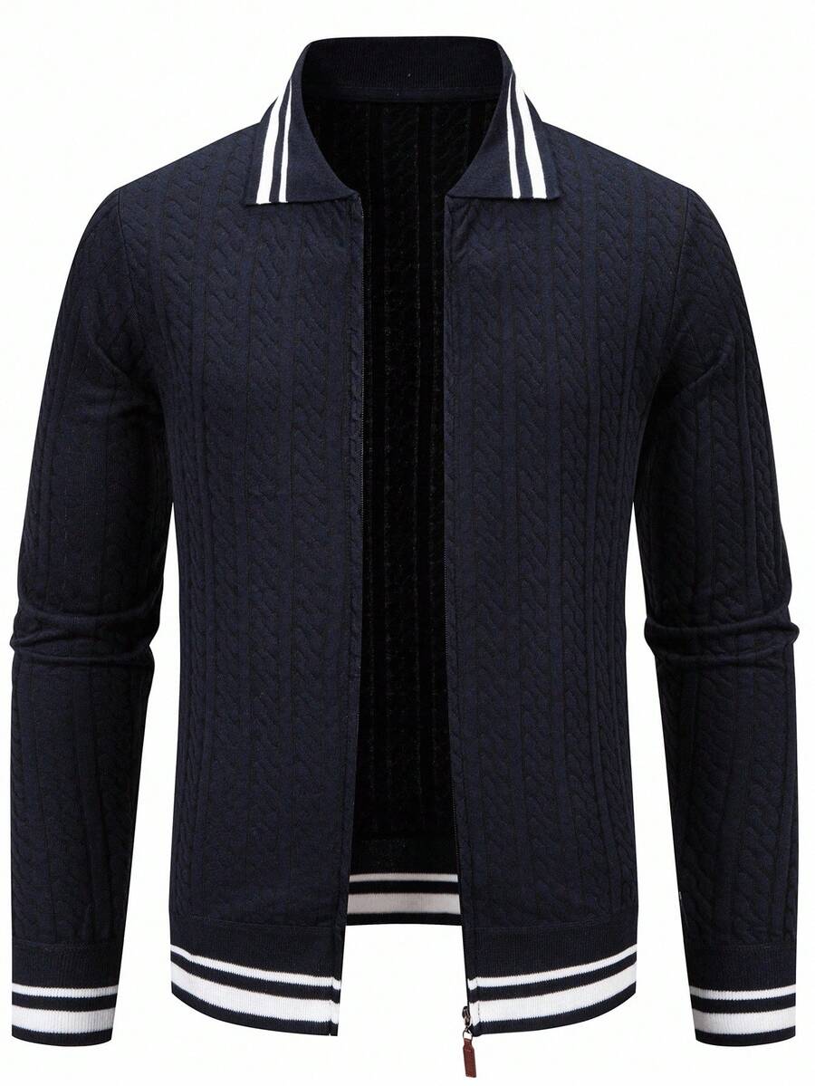 Manfinity Homme Men's Striped Long Sleeve Zip-Up Casual Knit Cardigan, Autumn - Navy Blue - View 1