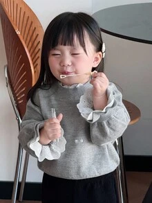 DAZY 女婴二合一韩式蕾丝拼接长袖毛衣幼儿女童服装 - 灰色 - 查看 1