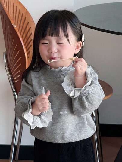 DAZY Baby Mädchen 2 in 1 koreanischer Stil Spitze Patchwork Langarm Pullover