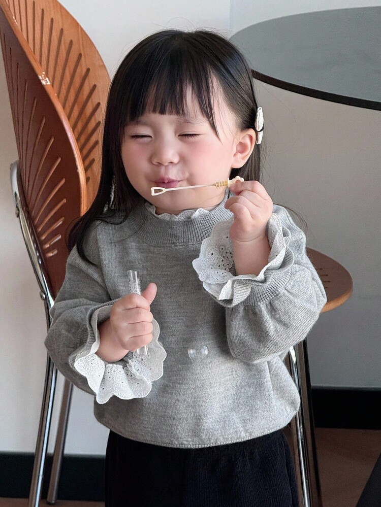 DAZY Baby Girls 2 In 1 Korean Style Lace Patchwork Long Sleeve Sweater - Grey - View 1