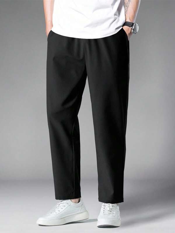 Manfinity Homme Men's Solid Color Pocket Loose Casual Tapered Pants, Fall