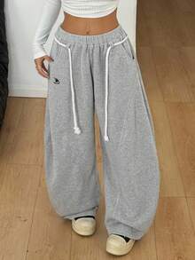 Coolane 女士秋冬街头服饰 返校风 学院风 休闲 保暖舒适 法式灰色 弹性腰带 弧形下摆 裤子 - 淺灰色 - 查看 4