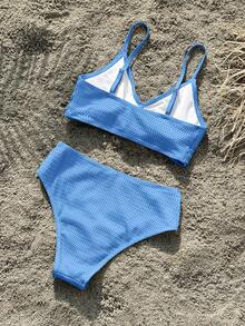 SHEIN Bộ đồ bơi hai dây dệt kim trơn màu cho bé gái tuổi mới lớn, mùa xuân/hè - Màu xanh lam - Xem 2