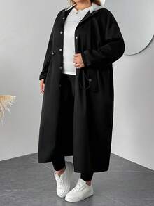 SHEIN CURVE+ 大码女式长袖单排扣抽绳腰休闲撞色连帽风衣女式长外套女式长外套开放式长袍大码夹克适度外套，女式秋季服装冬季秋冬 - 黑色 - 查看 3