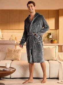 Manfinity Underwear&Sleepwear Basics Men's Letter Embroidery Hooded Long Sleeve Pocket Casual Fluffy Robe, Fall Winter, Cozy - Multicolor - View 1