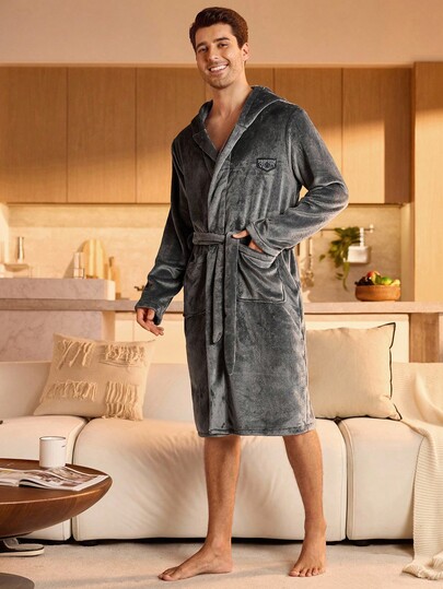 Provexi Provexi Men's Letter Embroidery Hooded Long Sleeve Pocket Casual Fluffy Robe, Fall Winter, Cozy