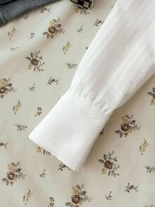 青少年女孩白色修身弧形下摆图案衬衫、条纹衬衫、学院风衬衫、白衬衫、百搭百搭衬衫、青少年衬衫，适合年轻女孩 - 白色 - 查看 4