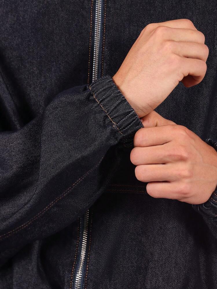 Hooded Denim Jacket With Elastic Hem And Zipper