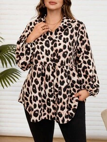 EMERY ROSE Plus Size Leopard Print Ruffle Hem Blouse, Casual For Women, All Season For Women - Multicolor - View 4