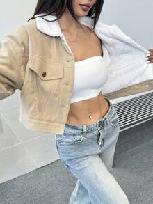 Áo khoác nữ tay dài dáng rộng, cài nút, ve áo màu tương phản, lót nhiệt, thời trang thu đông - Màu be - Xem 7