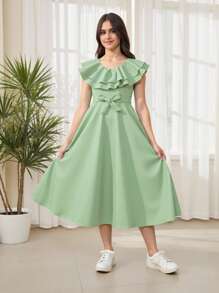 SHEIN Teen Girls' Solid Color Simple A-Line Dress With Ruffle Trim And Bow Decor - Mint Green - View 9