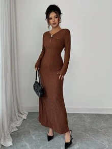 Elenzga Elegant Metallic Decor Waist-Cinched Knit Textured Women Dress, Suitable For Party And Everyday Wear