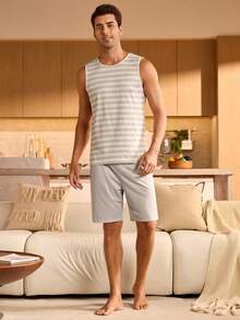 Manfinity Underwear&Sleepwear Basics 男士休闲条纹印花无袖上衣和短裤睡衣套装 - 彩色 - 查看 5