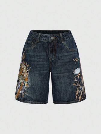 J-Fashion Vintage Street-Style Chinese Tiger & Floral Embroidery Loose Wide-Leg Jeans, Unisex Plus Size Bermuda Shorts