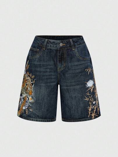 J-Fashion Vintage Street-Style Chinese Tiger & Floral Embroidery Loose Wide-Leg Jeans, Unisex Plus Size Bermuda Shorts