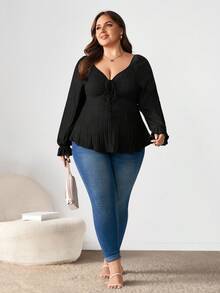 Enliva Quần áo dài tay thường ngày cỡ lớn cho nữ mùa thu, buộc ở ngực, vải mềm mại và thoải mái, áo phông đẹp cho mặc ở nhà và đi chơi, áo phông dài tay cổ hình trái tim màu trơn viền xếp nếp - màu đen - Xem 9