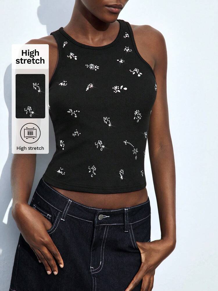 SHEIN Maija Women's Black Shiny Sequin Embroidered Decorative Versatile Modern Urban Casual Fashion Design Holiday Party Elegant Casual Black Satin Bow Tie Casual Business Casual, Low-Key Vintage Vibe, High-Quality Urban Commute, Magazine Editor Same Style, Urban Social Holiday Party, Charming Low-Key Durable Basic Versatile Non-Picky, Street Fashion, Cafe Relaxed Style Women Tank Top