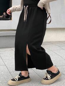 Dazy Plus 松紧腰抽绳系带直筒开衩针织百搭大码女式半身裙秋季半身裙 - 黑色 - 查看 1