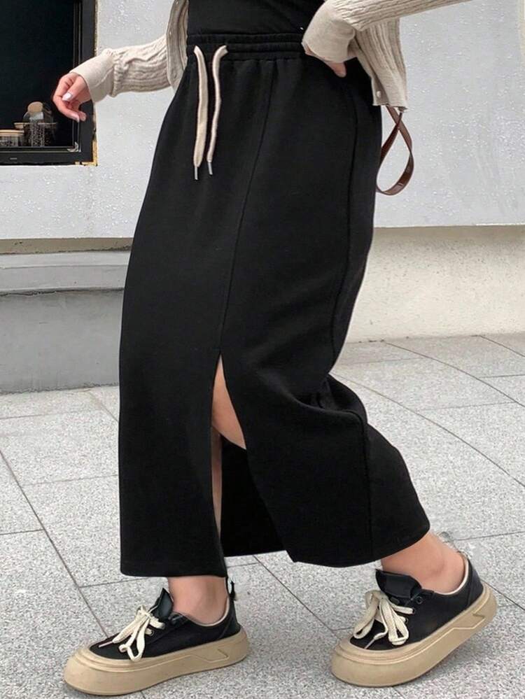 Dazy Plus Elastic Waist Drawstring Tie Straight Slit Knit Versatile Plus Size Women Skirt Fall Skirts