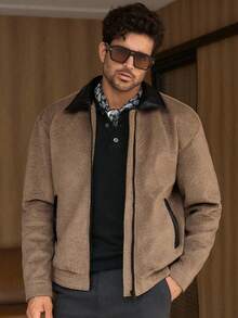 Manfinity VCAY Men's Long Sleeve Khaki Bomber Jacket,Autumn Streetwear Work Outerwear With Triangle Leather Patch Decoration And Turndown Collar Mocha Casual Jacket - Coffee Brown - View 6