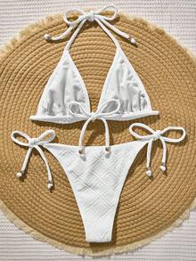 Swim Vcay 适合海滩度假的纯色纹理比基尼 - 白色 - 查看 2