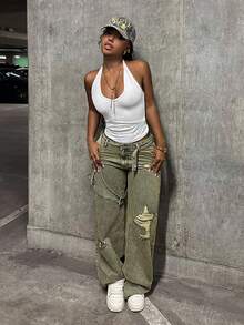 StreetHx Jeans de mujer de pierna ancha y suelta con botones - Azul - Ver 5