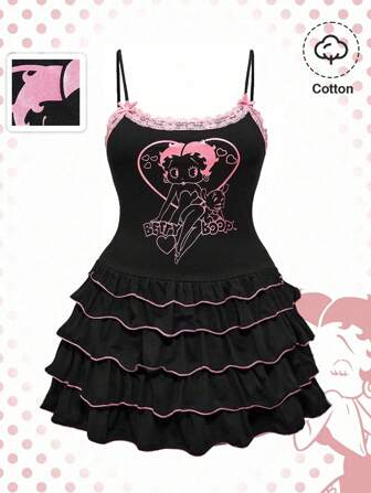 Betty Boop | ROMWE Abito da donna taglie forti estivo con motivo a cartoni animati, con inserti in pizzo a contrasto e balze sul fondo