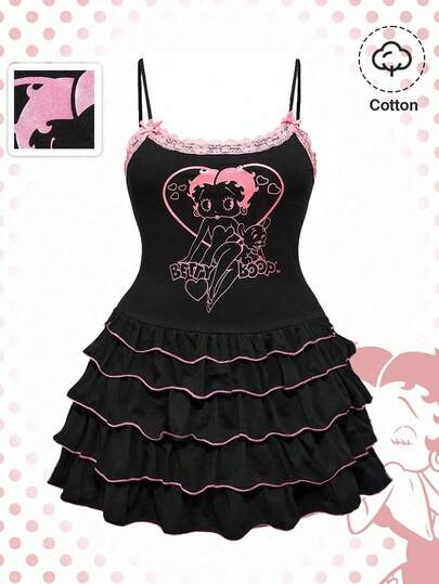 Betty Boop | ROMWE Plus Size Women's Summer Cartoon Pattern Contrast Lace Layered Ruffle Hem Slip Dress