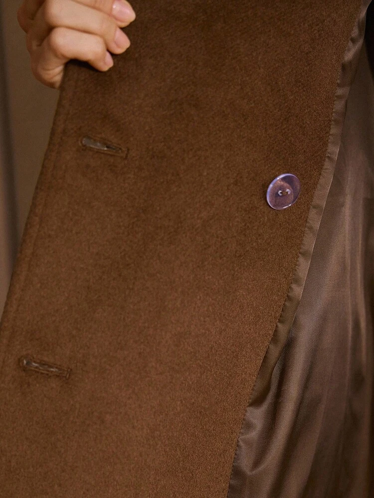 WOOL SOLID LAPEL COLLAR DOUBLE BREASTED PLACKET BELTED OVERCOAT