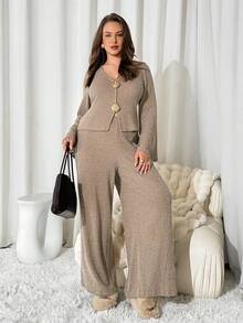 Auralis Conjunto de 2 piezas elegante de chaqueta de manga larga con cuello en V y pantalones de pierna ancha en talla grande